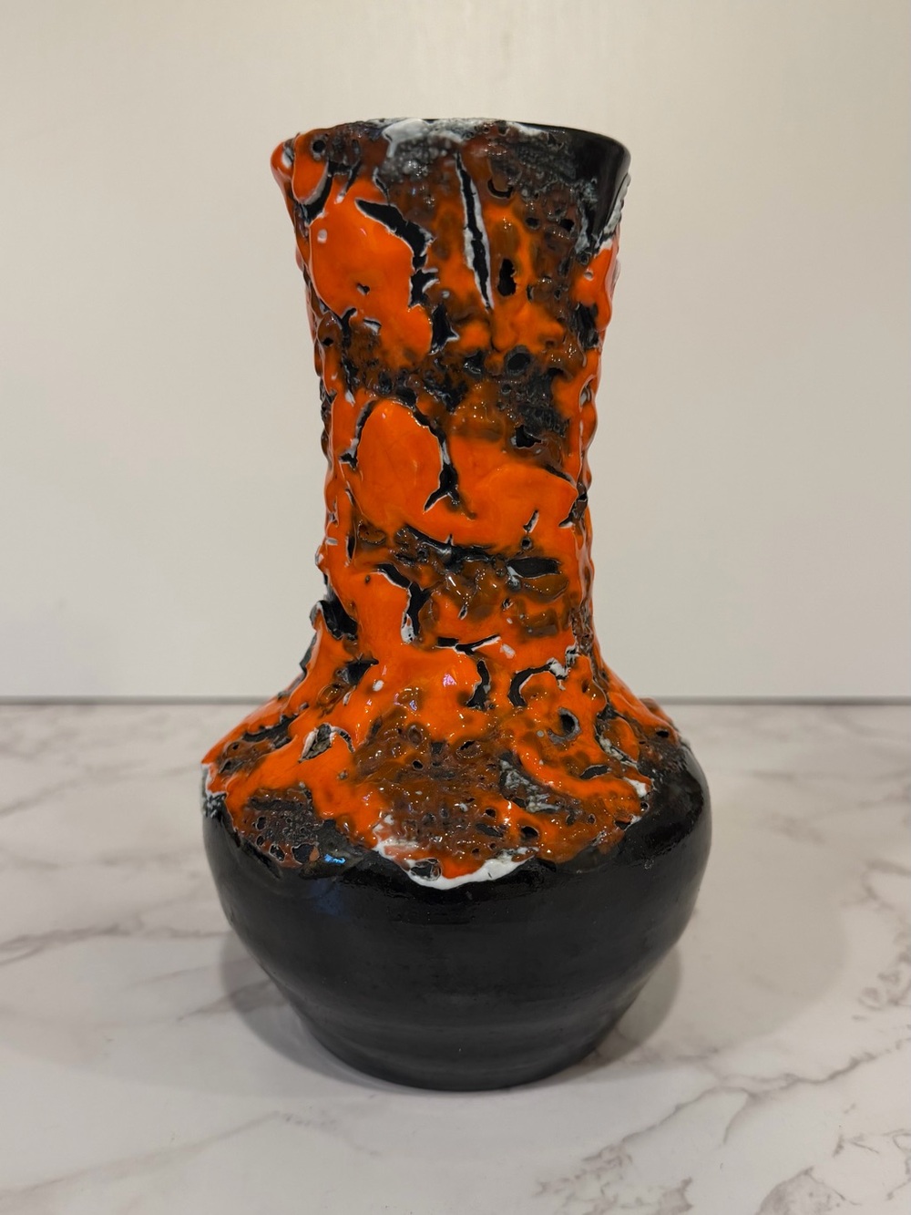 Vintage MCM Fat Lava Style Ceramic Vase – Orange & Black Volcanic Glaze